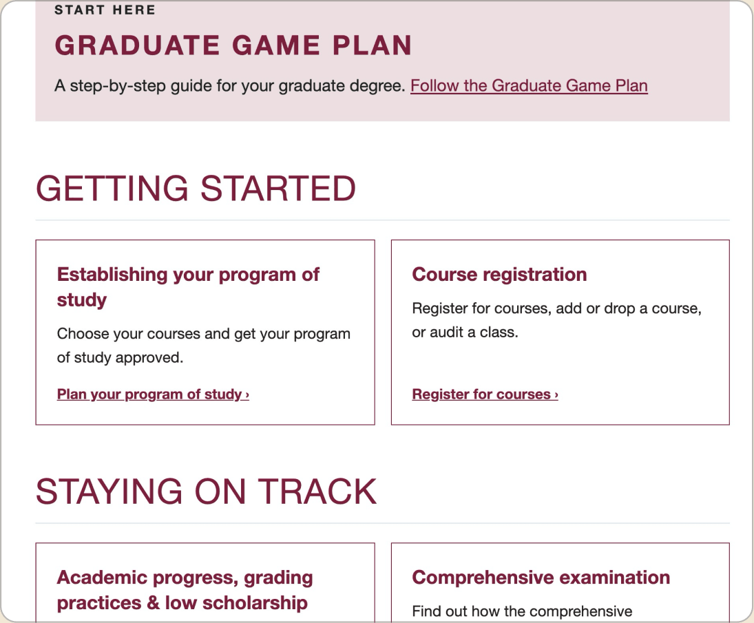 After: topics grouped under student-journey headings, with Start here at the top.