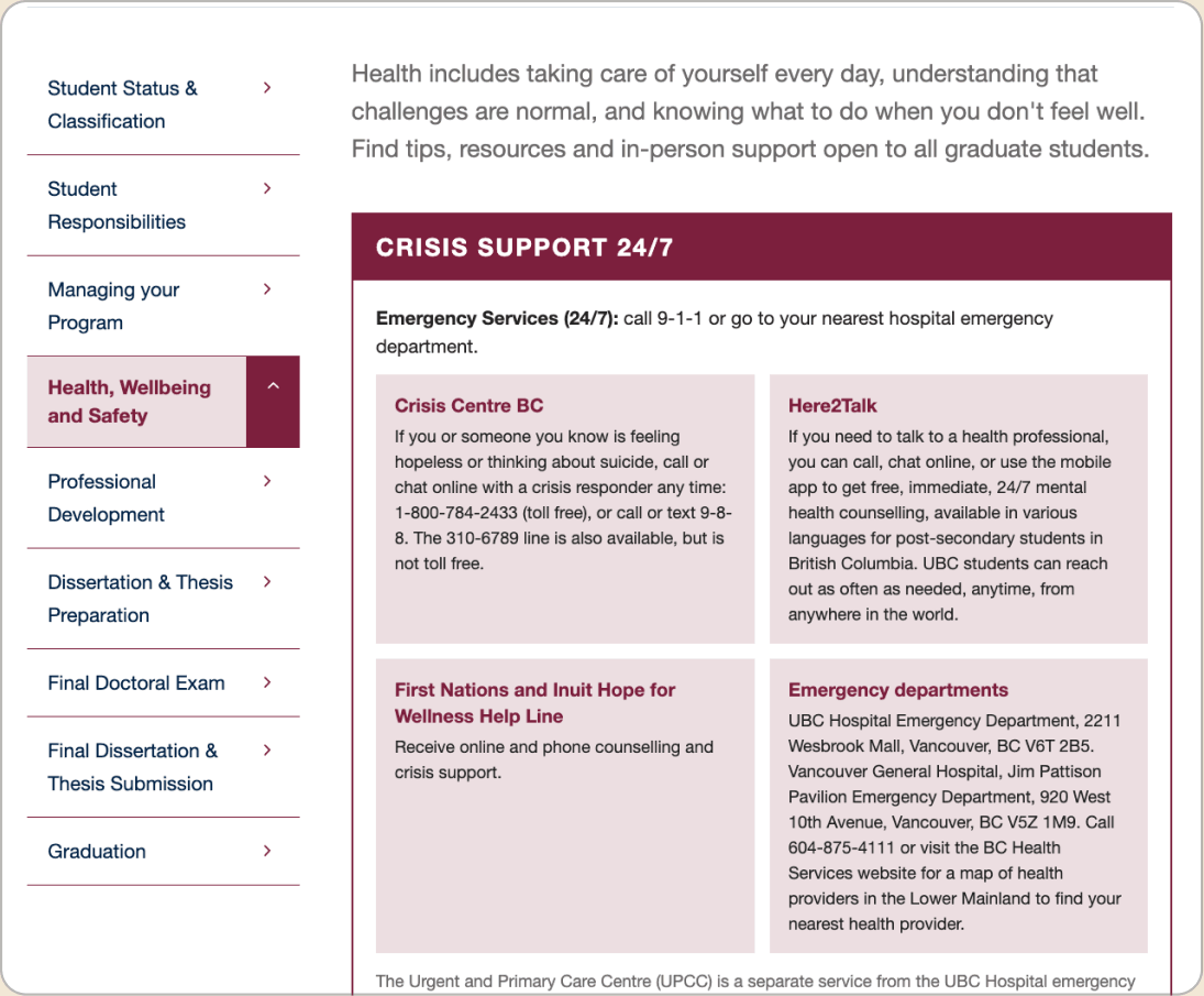 After: the new Health, Wellbeing and Safety page with crisis support grouped at the top.