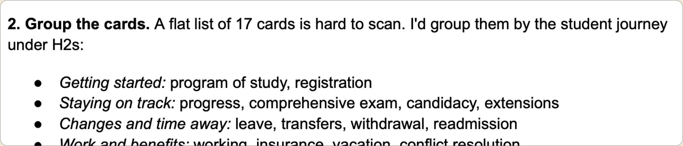 An excerpt of the recommendations memo, with the style guide rule cited under the recommendation.