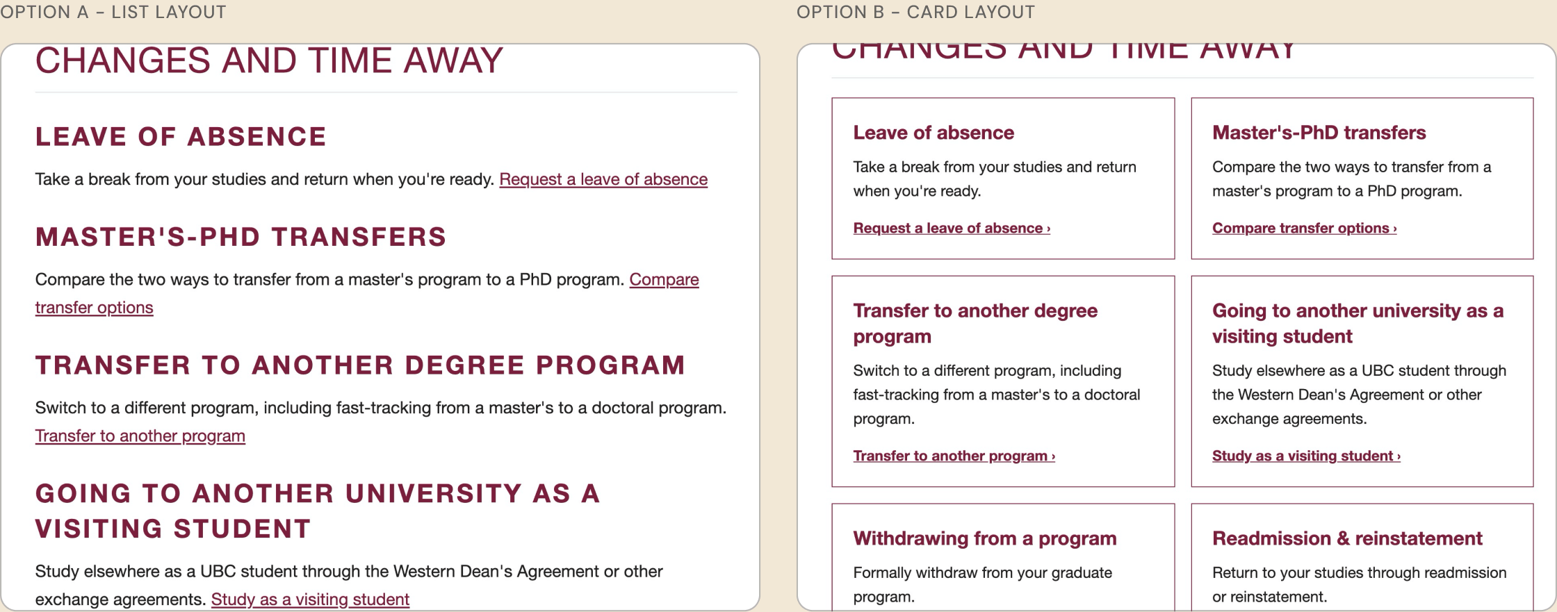 Option A, a list layout, next to Option B, a card layout, for the same page section.