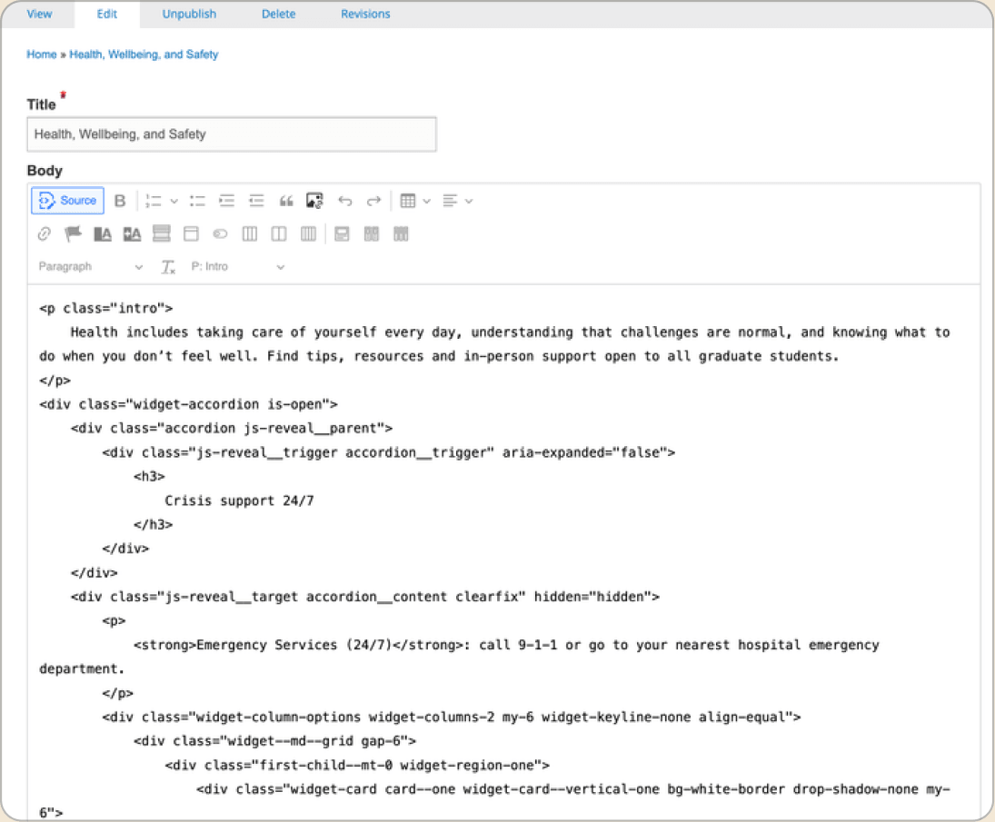 The same page in the Drupal editor, with the widget classes highlighted.