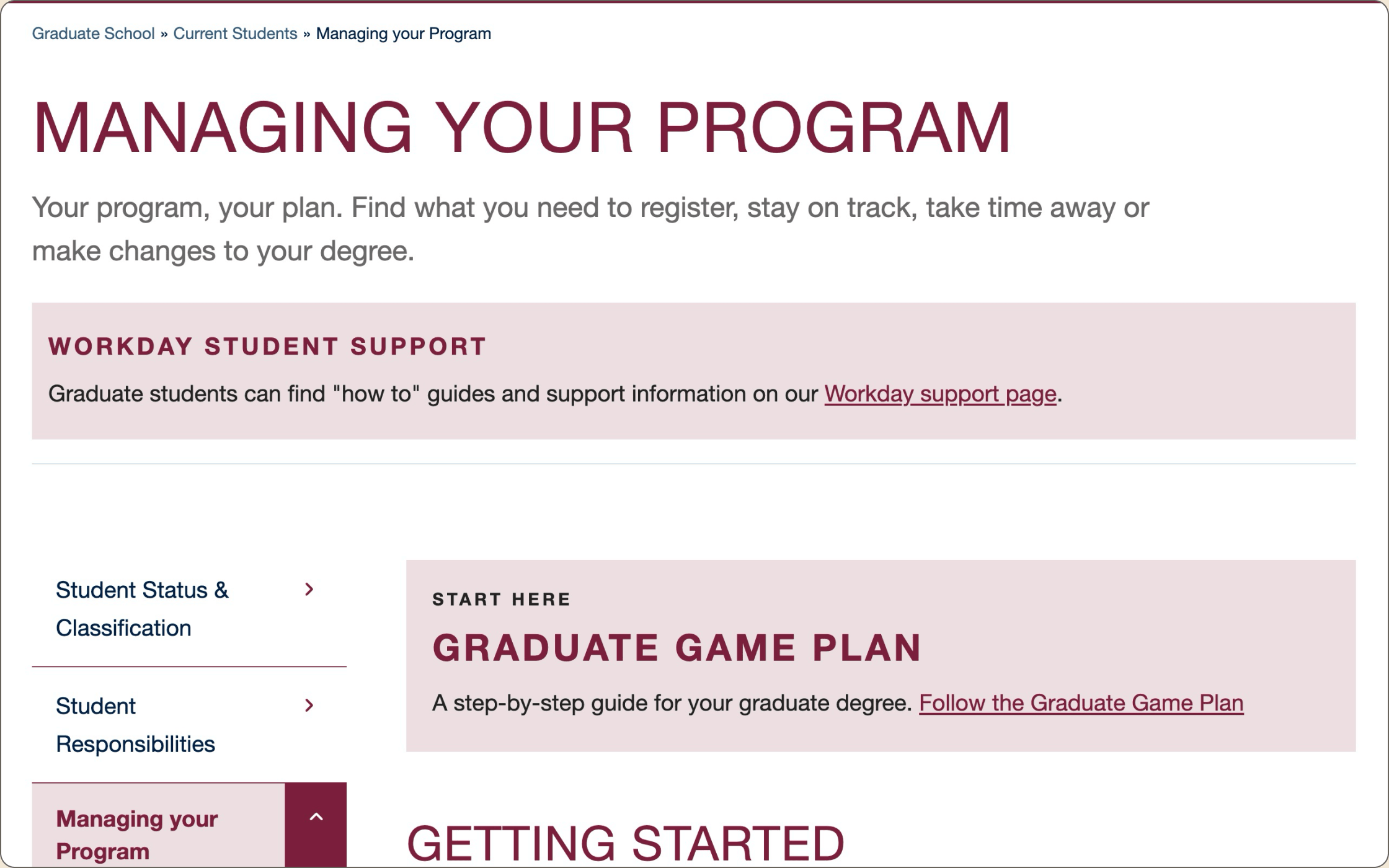 The redesigned Managing your Program page, with a lead-in and a Start here link at the top.