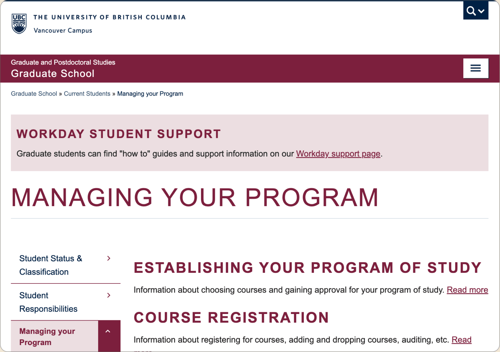 The original Managing your Program page, annotated: 1, a Workday banner (an H4) sits above the page title, breaking heading order. 2, no lead-in: the title runs straight into 17 ungrouped topics. 3, descriptions start with "Information about…" and end in a vague "Read more".