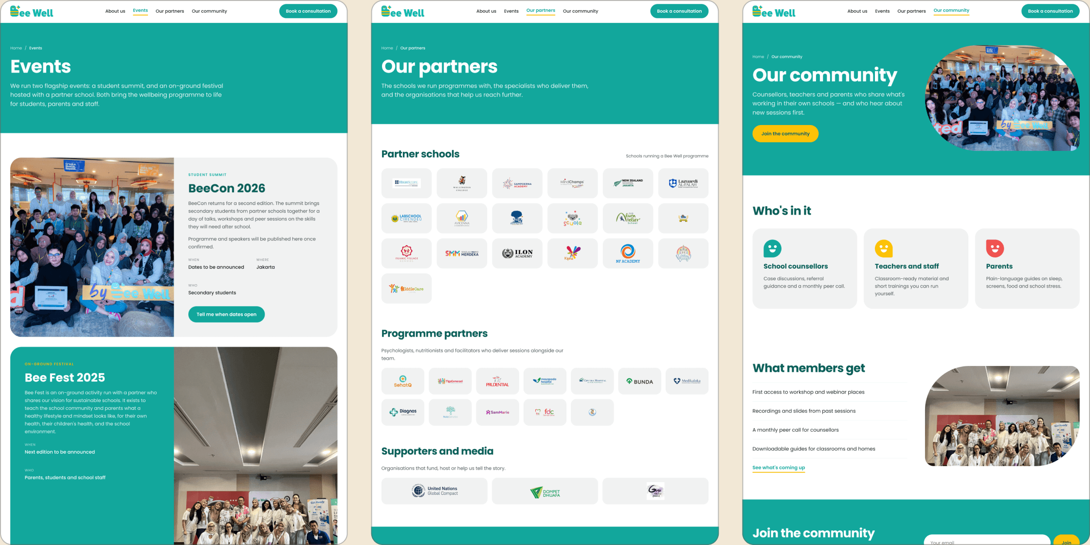 Three new pages side by side: Events, Our Partners and Our Community.