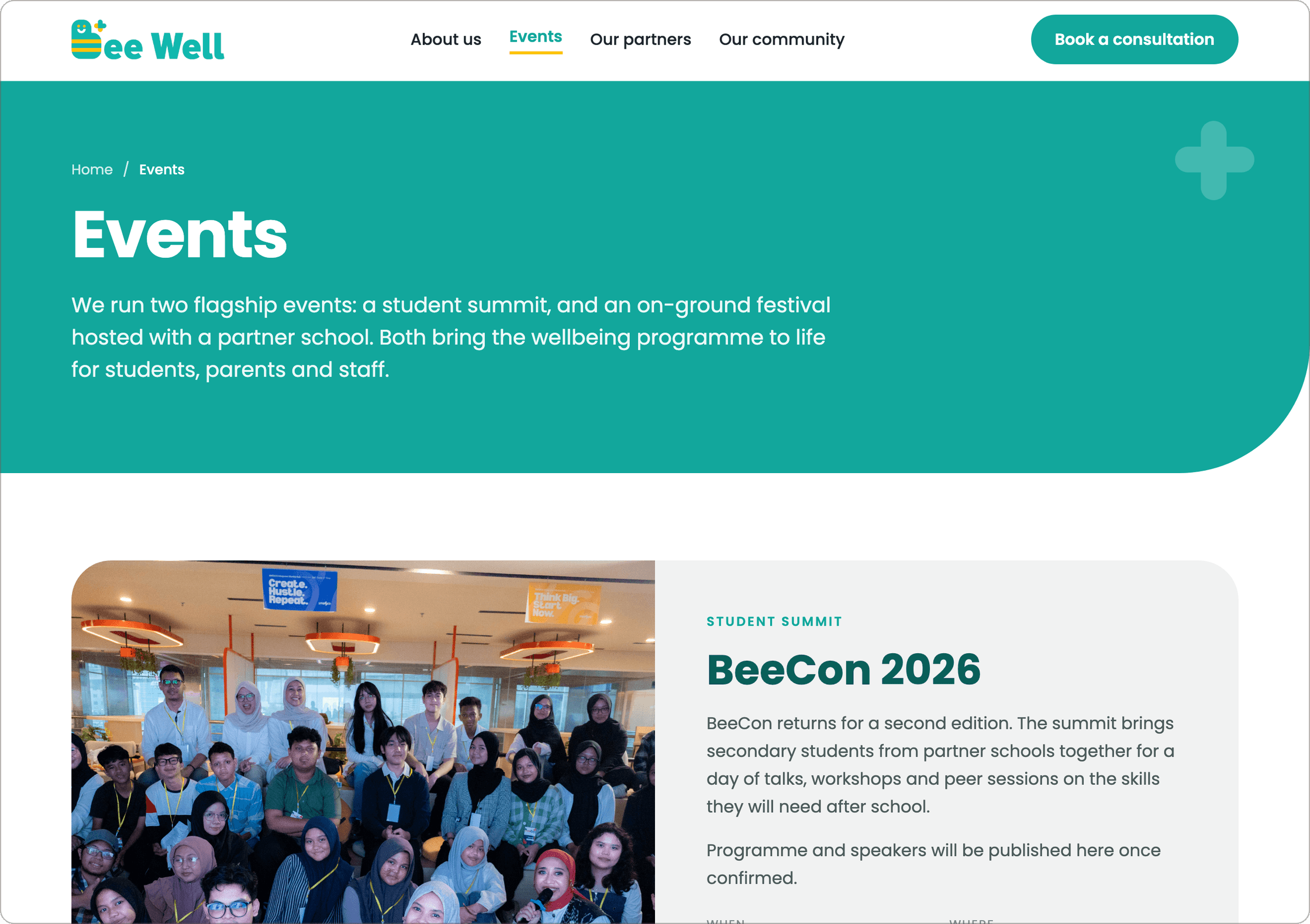 The Events page: BeeCon 2026 and Bee Fest 2025 cards, with when, where and who details.