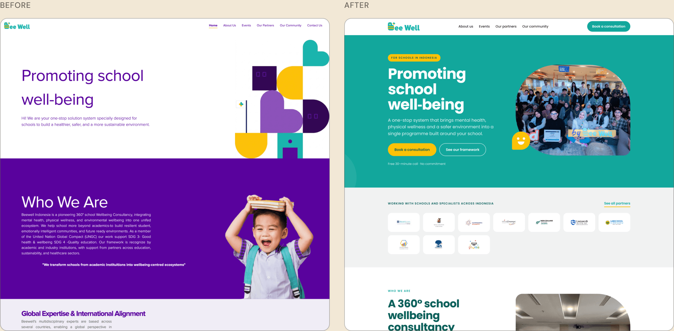 The original purple homepage next to the redesigned teal homepage.