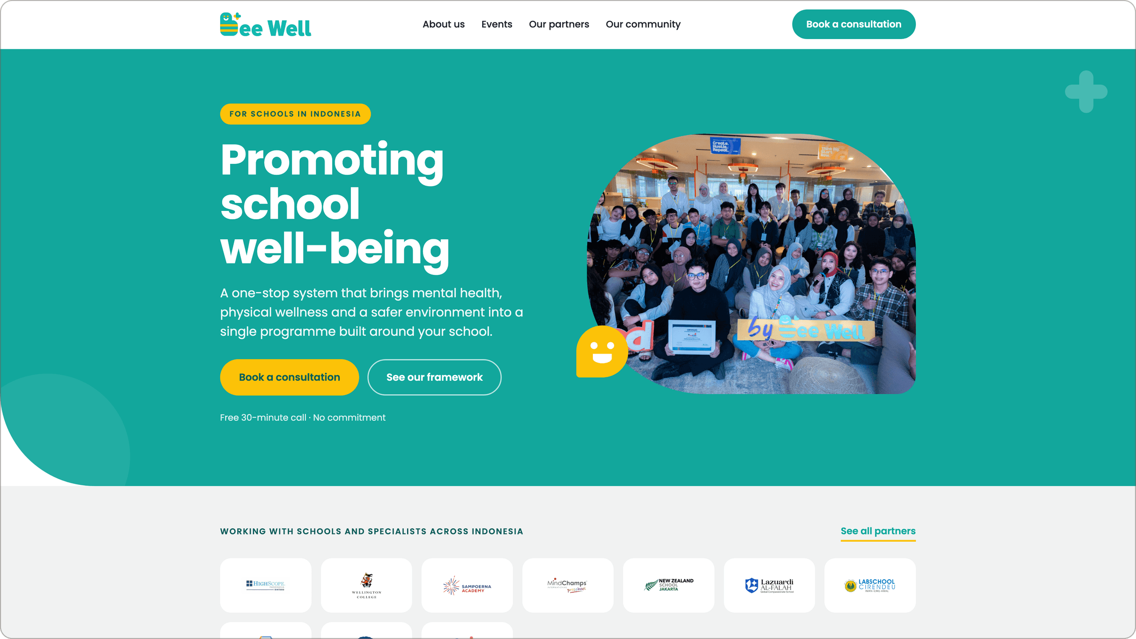 The redesigned Beewell homepage: Promoting school well-being, with Book a consultation and partner school logos.