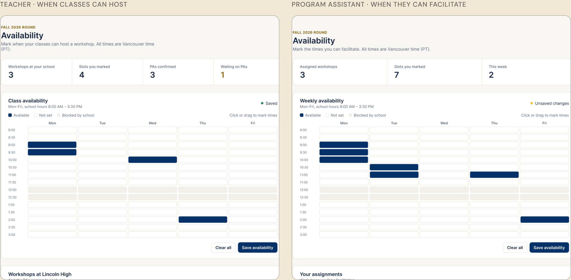 The teacher and program assistant availability screens side by side, both using the same half-hour grid.