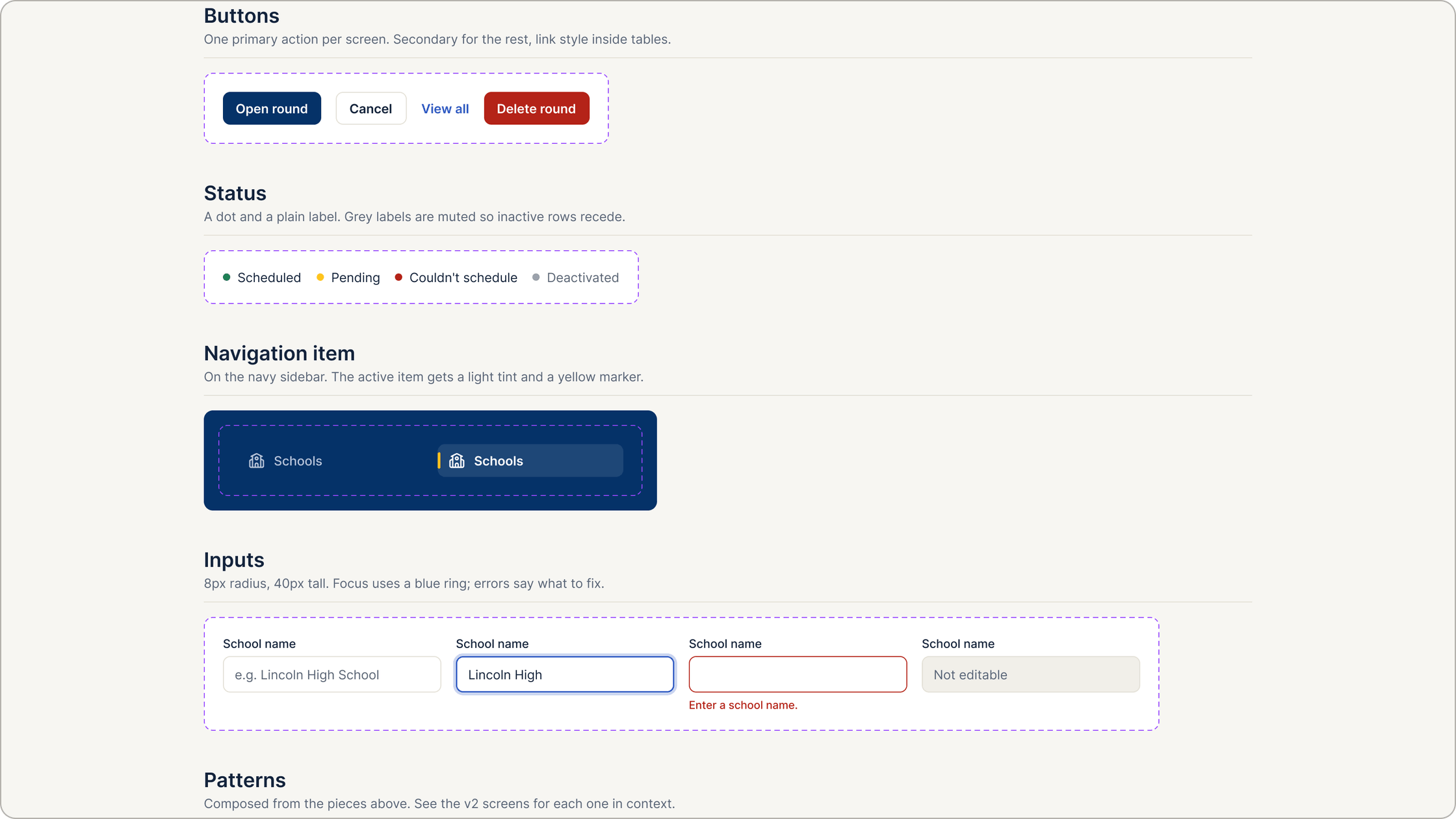 Component kit: buttons, status, navigation item and inputs, each with variants.