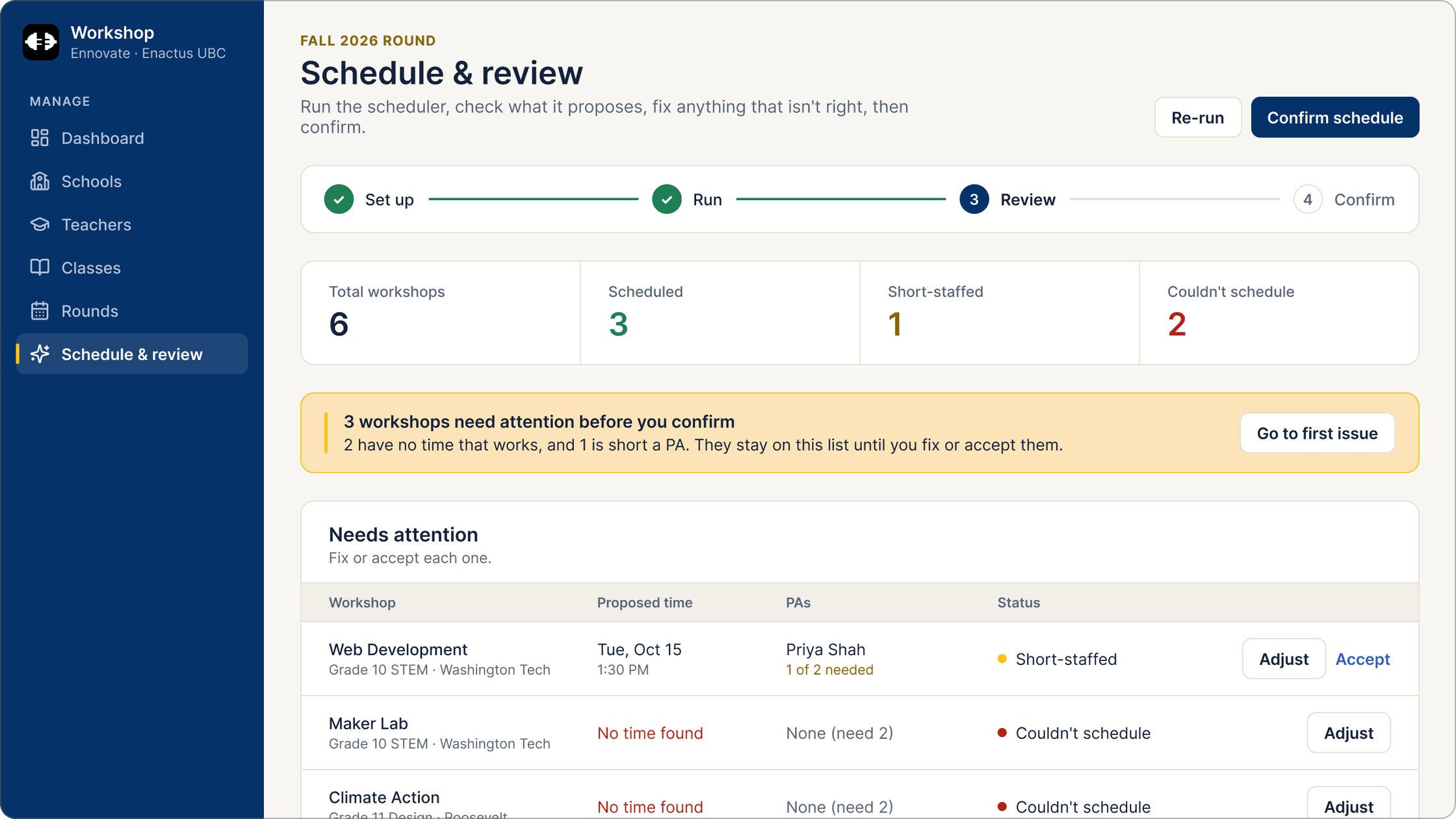 The review step: stats for scheduled, short-staffed and couldn't schedule, a warning callout, and a Needs attention table.