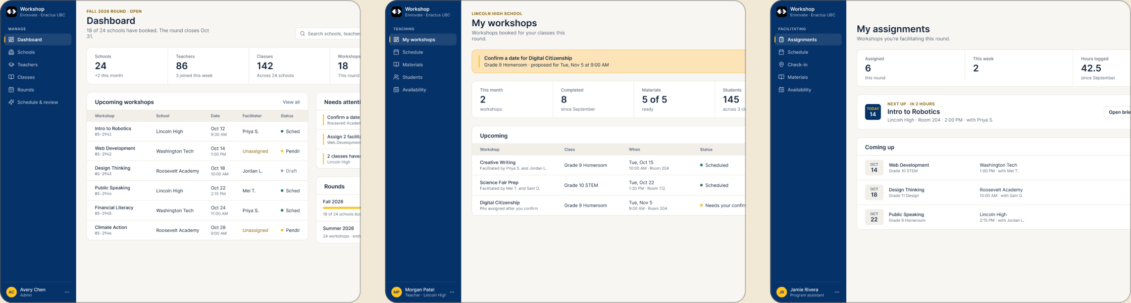 The three role home screens: admin dashboard, teacher's My workshops, and program assistant's Assignments.
