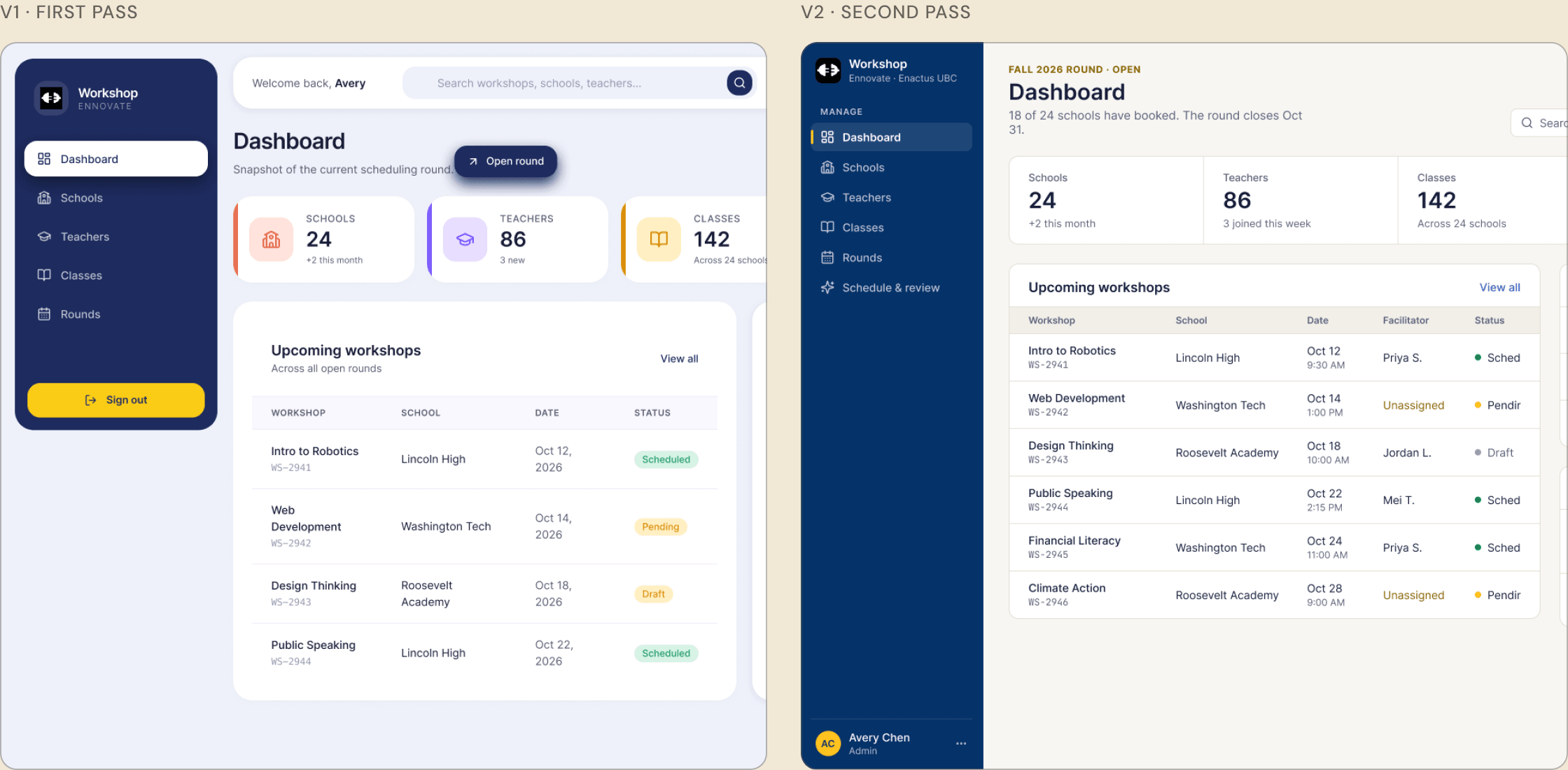 Version 1, with pastel icon tiles and a floating sidebar, next to version 2, with a flush navy sidebar and plain stats.