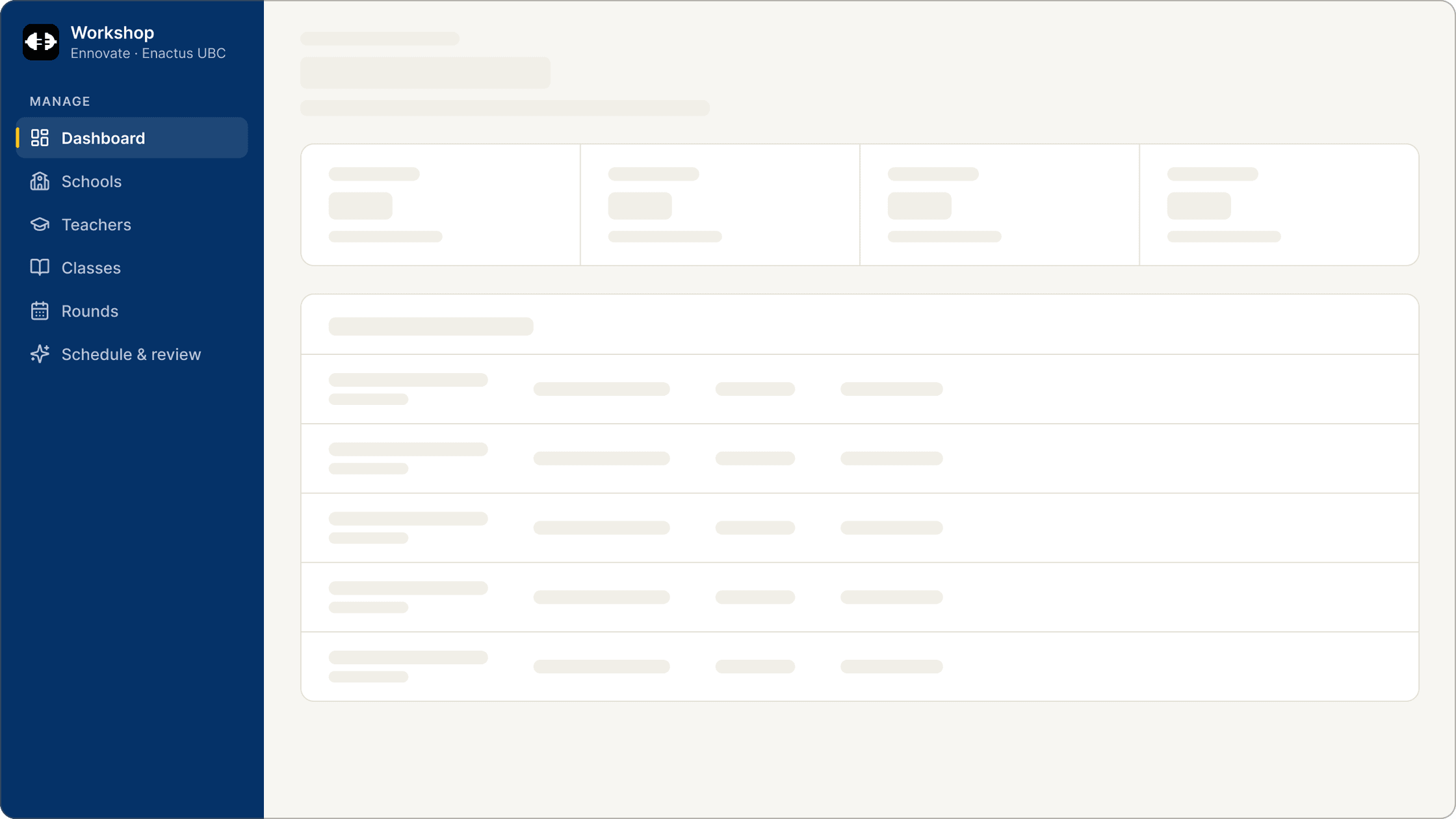 The app shell: navy sidebar on the left and page content on the right.