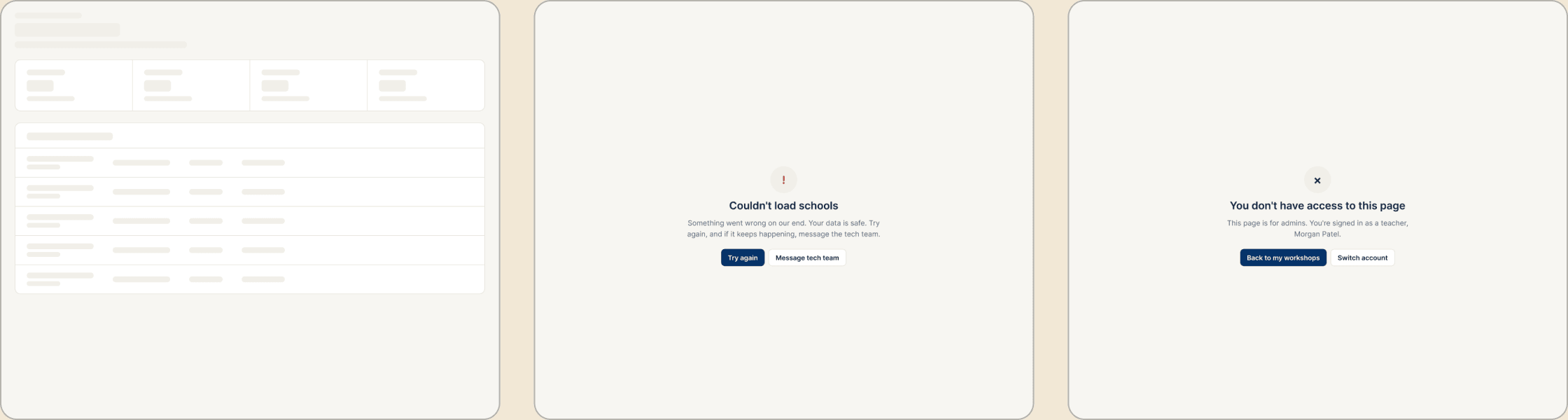 Loading skeleton, error state and no-access state.