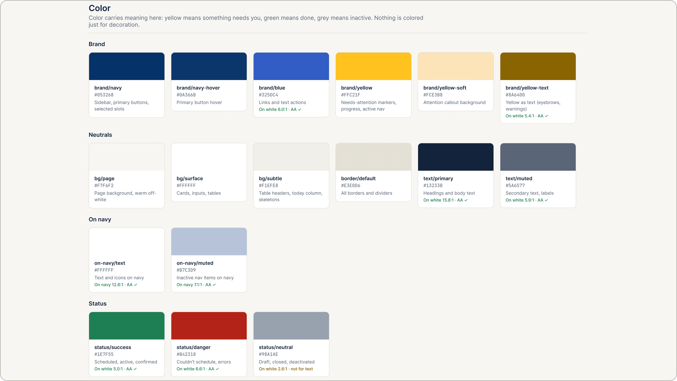 Color tokens grouped into brand, neutrals, on navy and status, each with its hex value, use and contrast ratio.